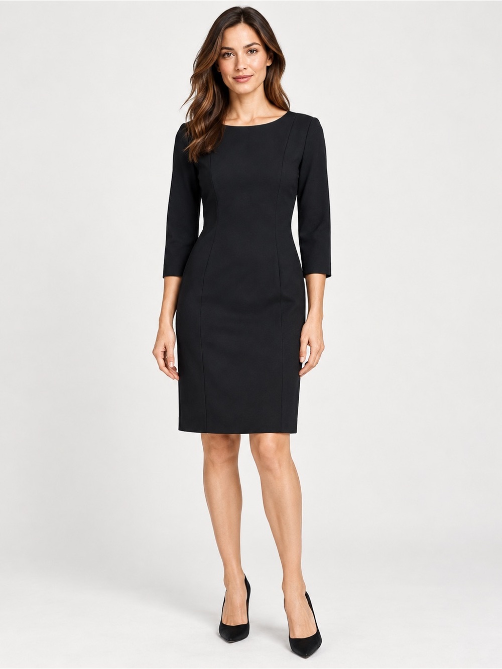 Theory Black 3/4 Sleeve Structured Sheath Work Cocktail Dress Size 4 Quiet Luxur
